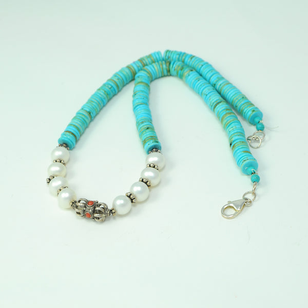 PEARL AND TURQUOISE DISCS HANDMADE STERLING SILVER NECKLACE