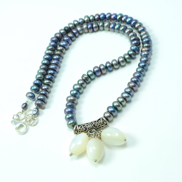 SHELL AND PEARL STERLING SILVER HANDMADE NECKLACE