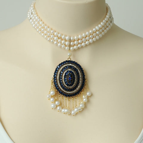 DARK BLUE RHINESTONE AND PEARL STERLING SILVER HANDMADE NECKLACE