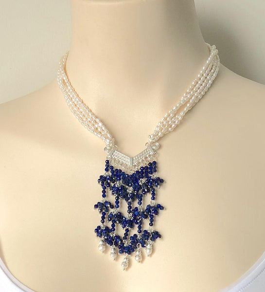 LAPIS LAZULI AND PEARL STERLING SILVER HANDMADE NECKLACE