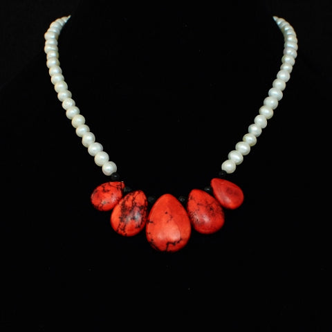 RED JASPER AND PEARL GOLD HANDMADE NECKLACE