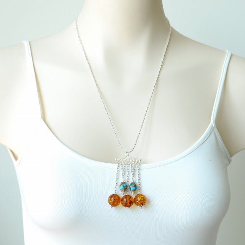 AMBER GEMSTONE AND WOOD TURQUOISE BEAD HANDMADE SILVER NECKLACE