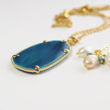 DOUBLE CHAIN LARGE PEARL AND BLUE APATITE GEMSTONE HANDMADE GOLD NECKLACE