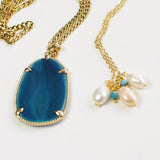 DOUBLE CHAIN LARGE PEARL AND BLUE APATITE GEMSTONE HANDMADE GOLD NECKLACE