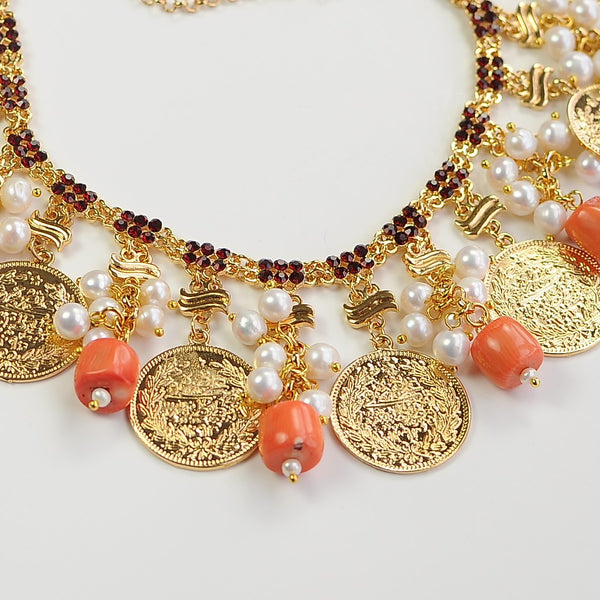 CORAL PEARL AND GOLD COIN HANDMADE STATEMENT NECKLACE