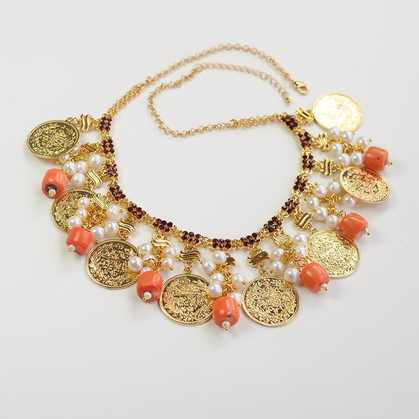 CORAL PEARL AND GOLD COIN HANDMADE STATEMENT NECKLACE